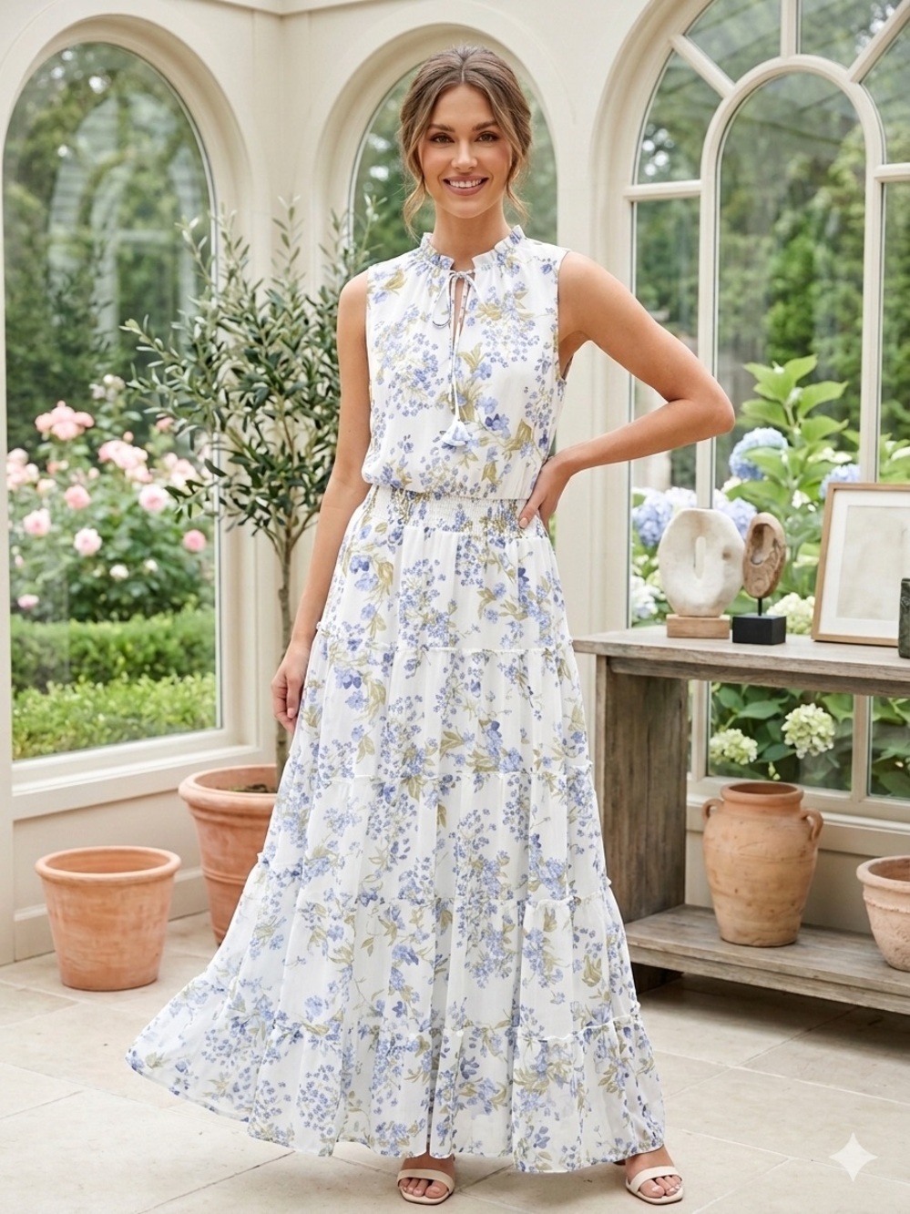 1.STATE Floral Tiered Maxi Dress Size Large Sleeveless Garden Party 130.00